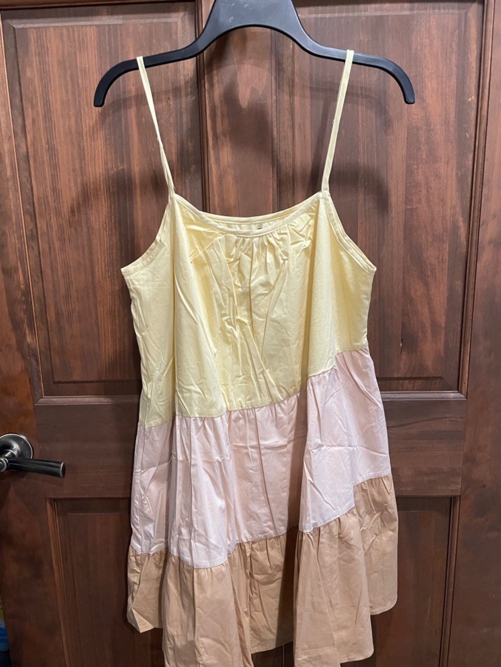 Tiered Spaghetti-Strap Midi Dress in Pale Yellow, Light tan & Beige